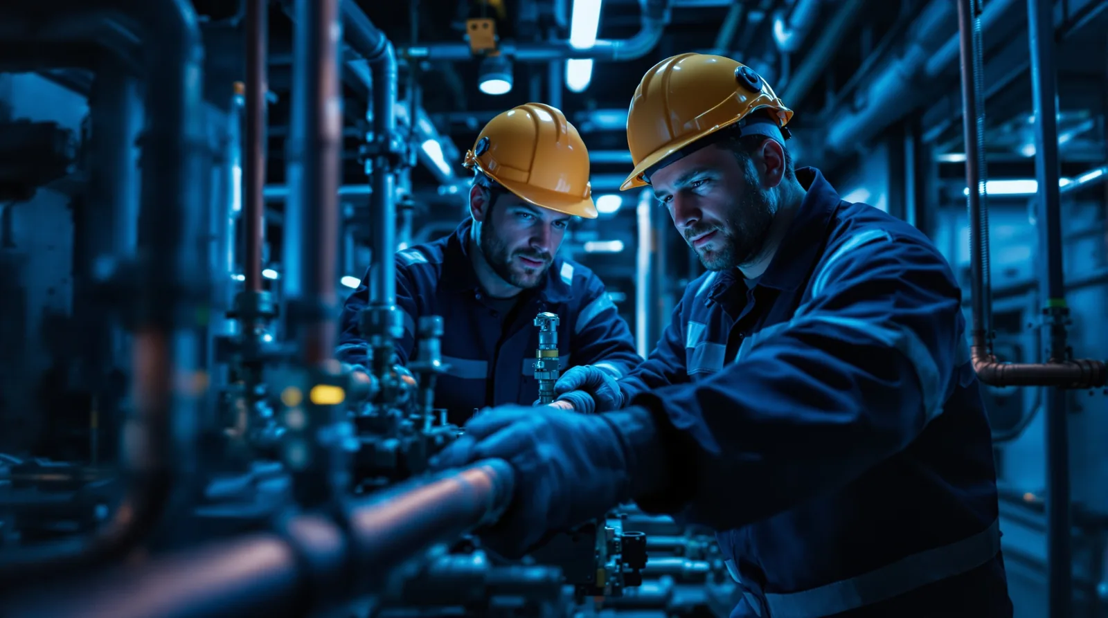 Commercial plumbing and mechanical engineers in clean PPE at a commercial building